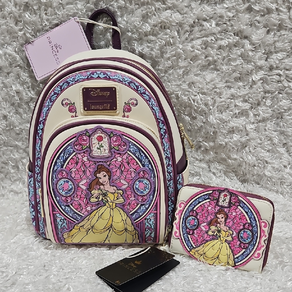 Loungefly Beauty And The Beast Belle Stained Glass Mini Backpack And Wallet